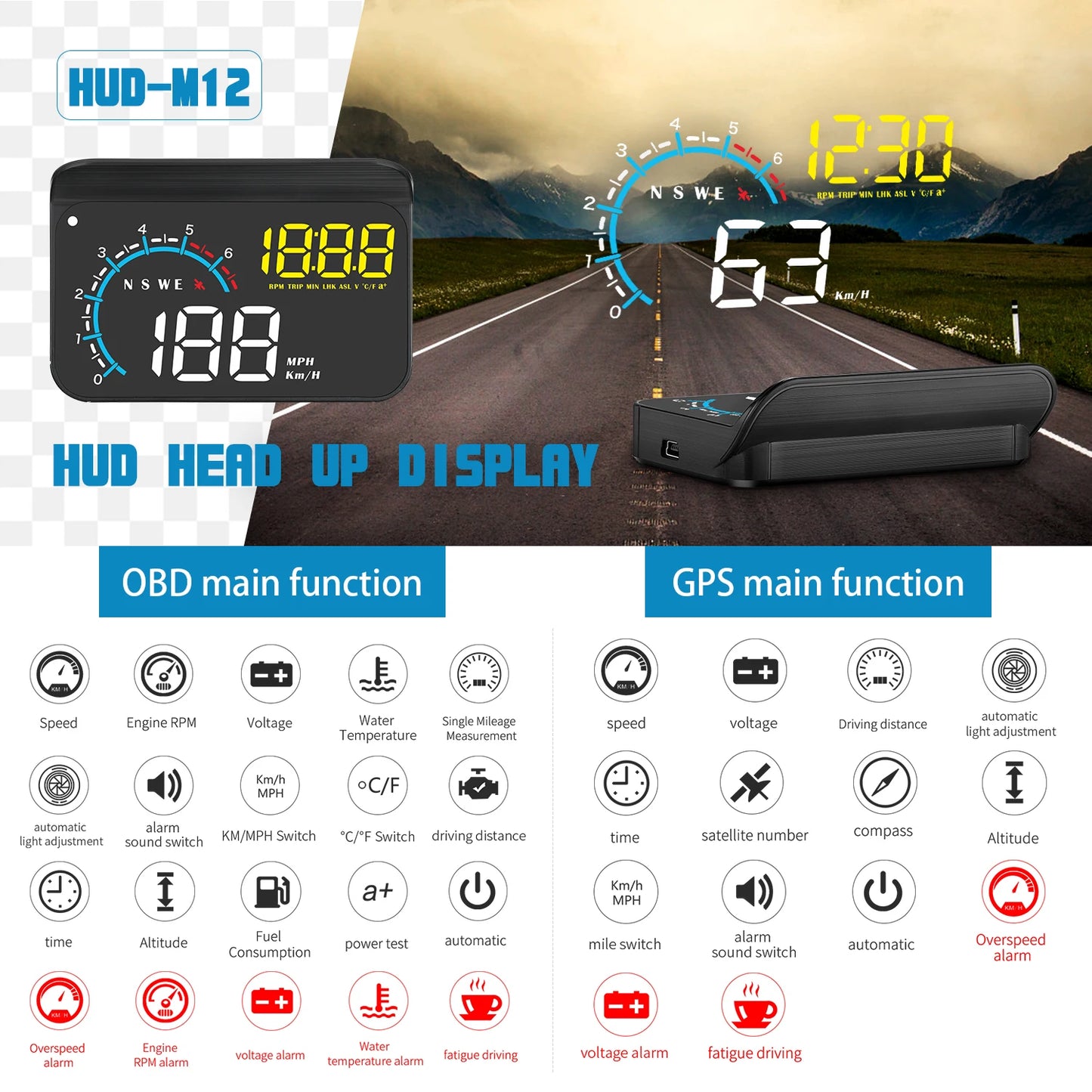 Car OBD2 HUD OBD Head Up Display Overspeed Warning System Speedometer Projector Windshield Auto Electronic Alarm System M12