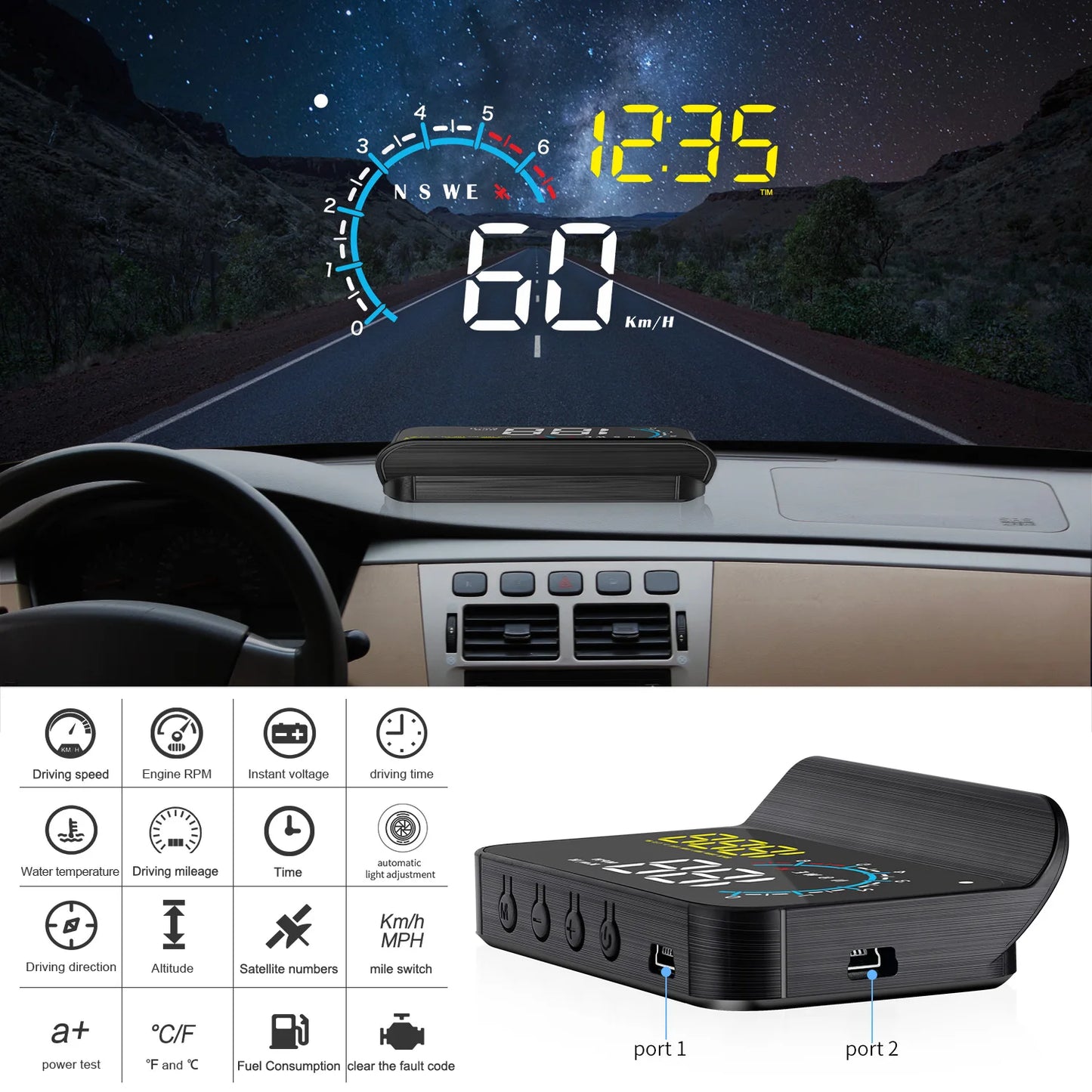 Car OBD2 HUD OBD Head Up Display Overspeed Warning System Speedometer Projector Windshield Auto Electronic Alarm System M12