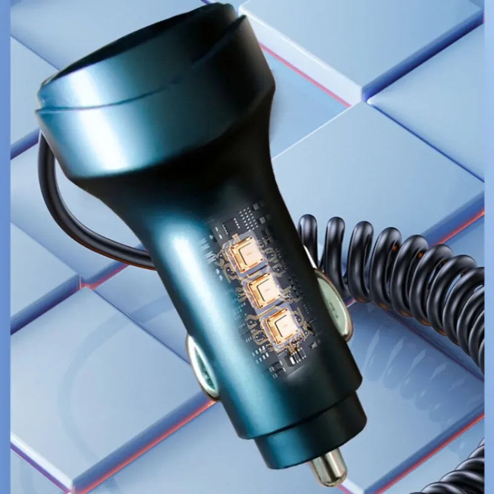 Car Adapter Charger Fast Charging 55W Multi-function 2 Ports Three In One USB Retractable Charging Cable with Voltage Display