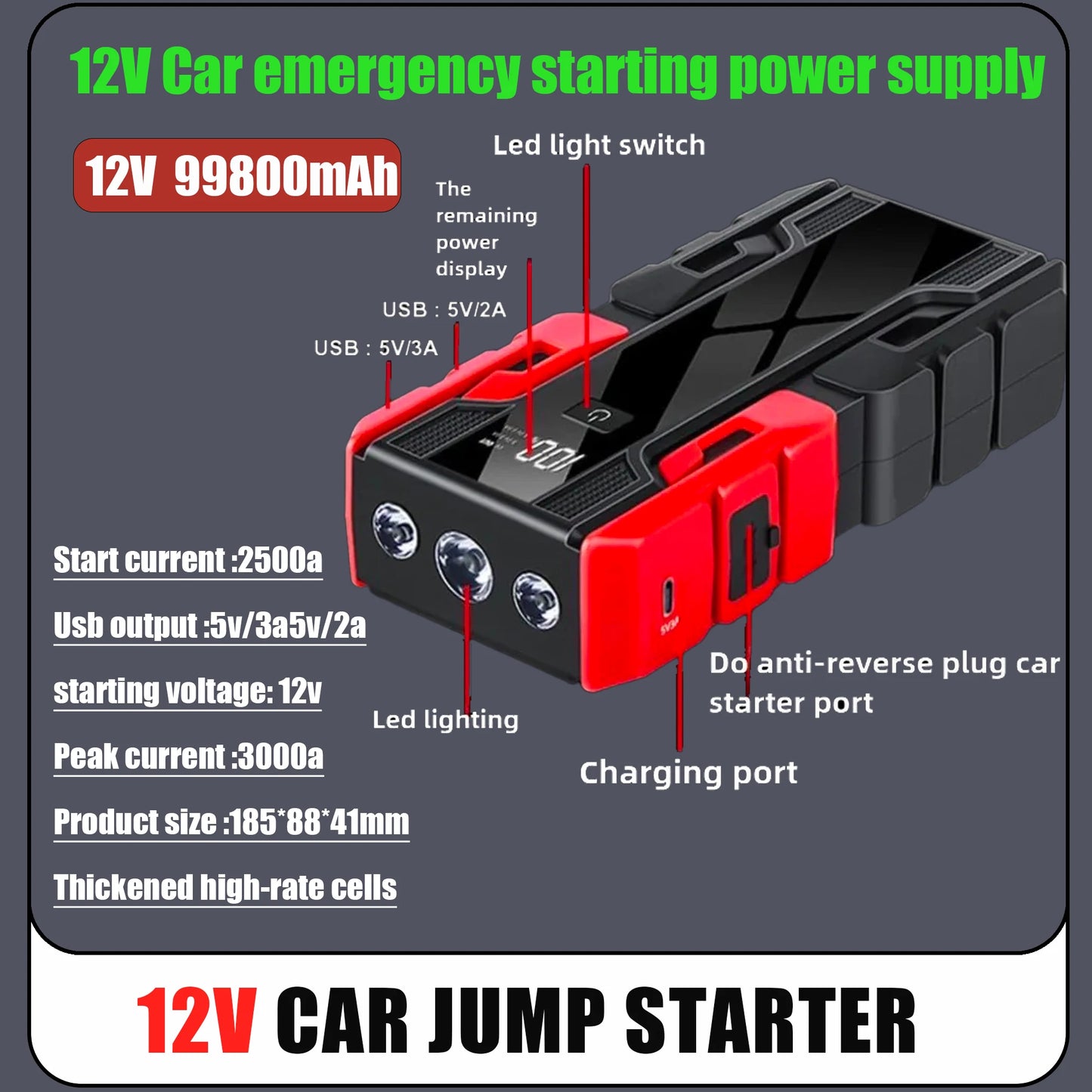 NEW 99800mAh Car Jump Starter Power Bank Car Booster Charger 12V Starting Device Car Emergency Booster