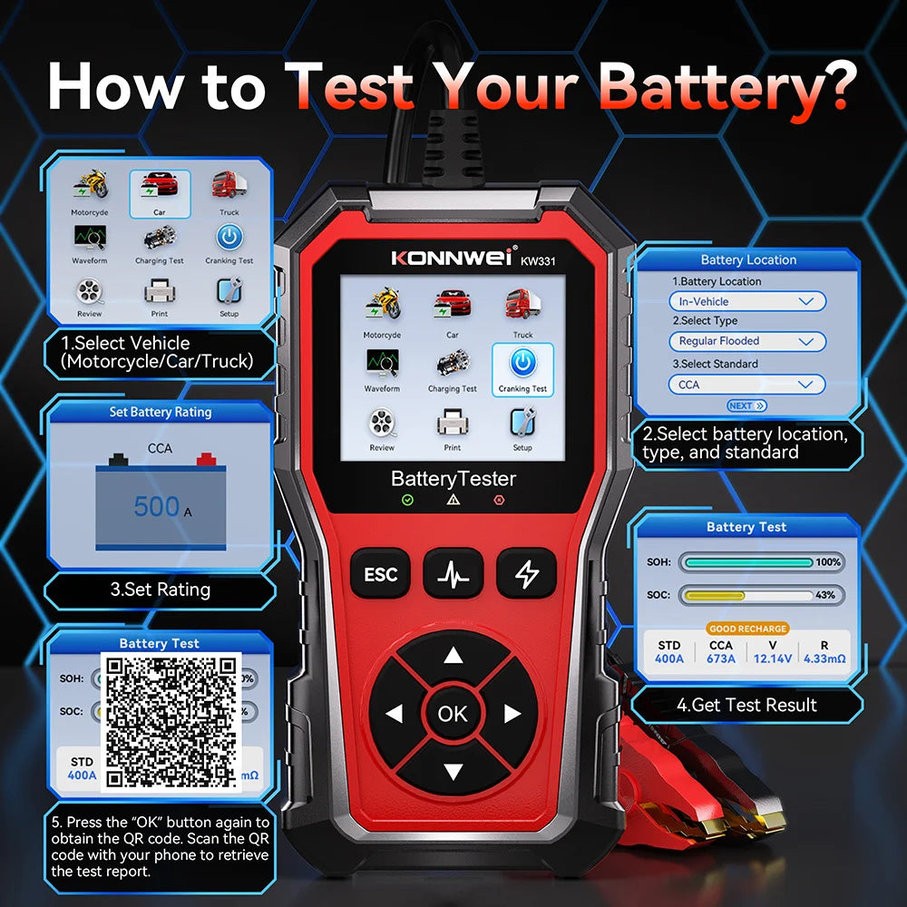 Car Battery Tester 12V 24V Digital Auto Battery Analyzer Diagnostic Tool for Vehicles Trucks Motorcycles
