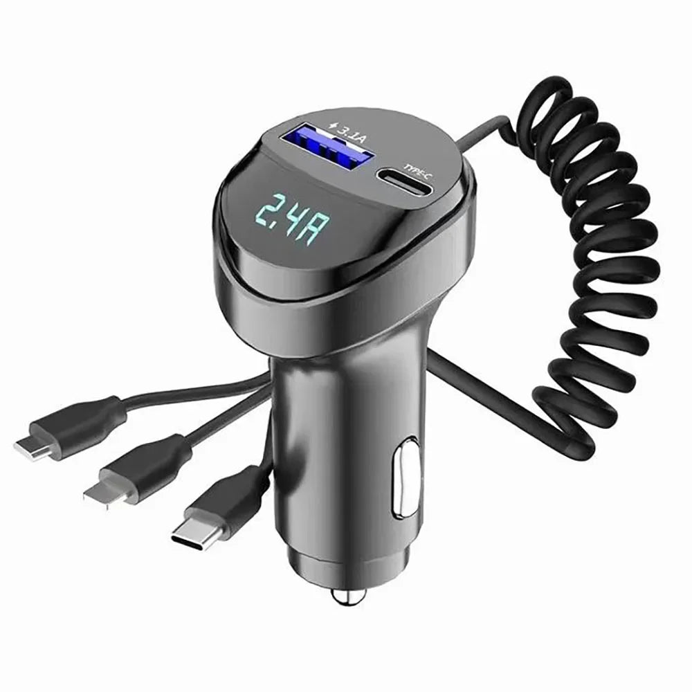 Car Adapter Charger Fast Charging 55W Multi-function 2 Ports Three In One USB Retractable Charging Cable with Voltage Display