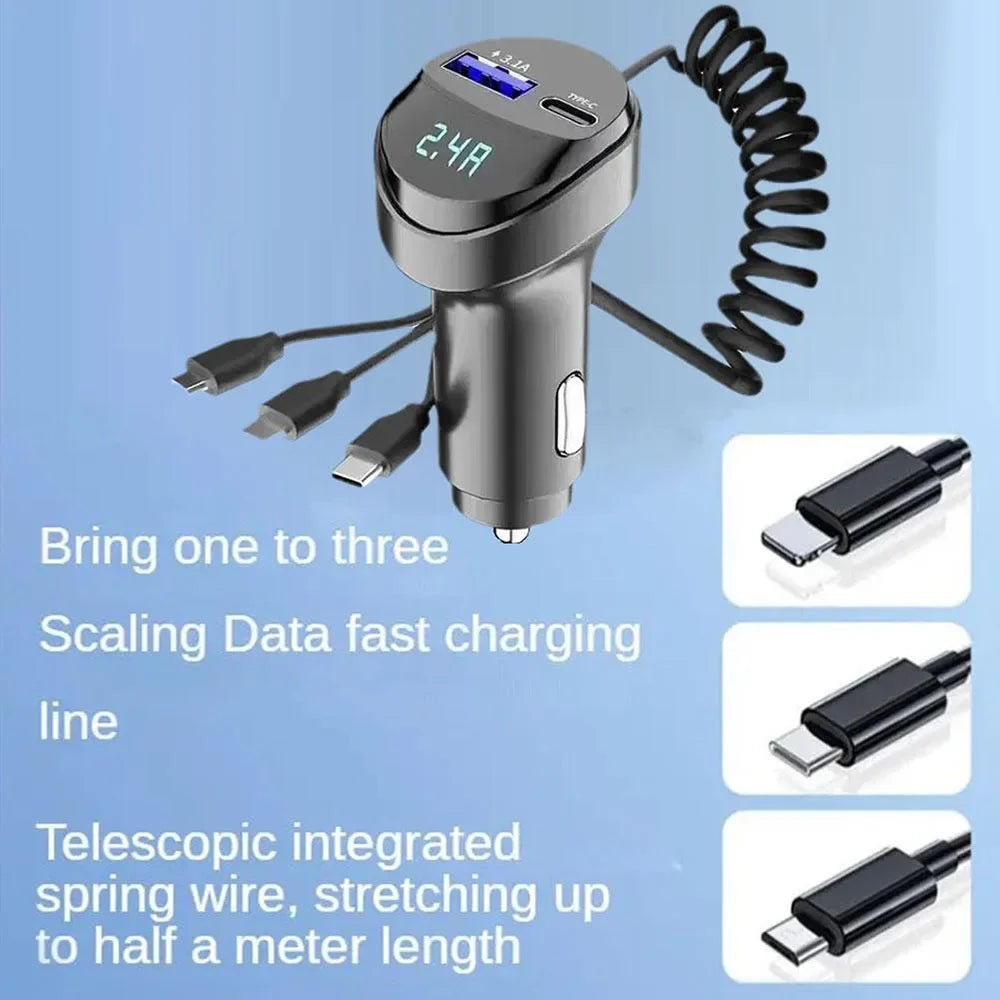 Car Adapter Charger Fast Charging 55W Multi-function 2 Ports Three In One USB Retractable Charging Cable with Voltage Display