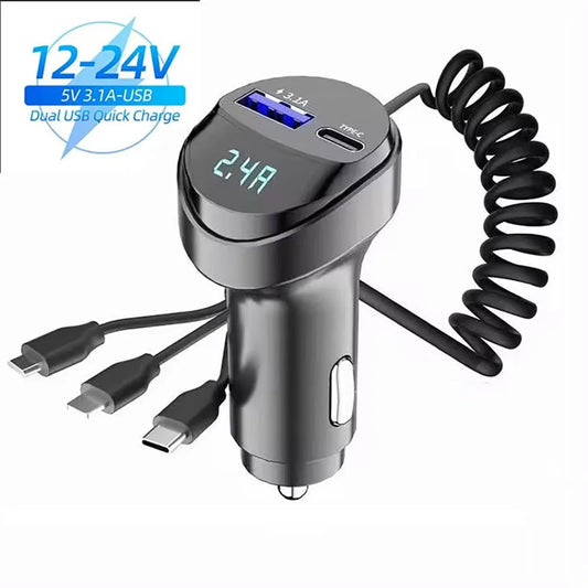 Car Adapter Charger Fast Charging 55W Multi-function 2 Ports Three In One USB Retractable Charging Cable with Voltage Display
