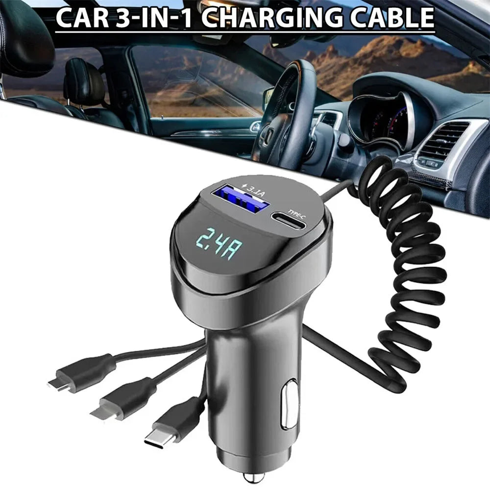 Car Adapter Charger Fast Charging 55W Multi-function 2 Ports Three In One USB Retractable Charging Cable with Voltage Display