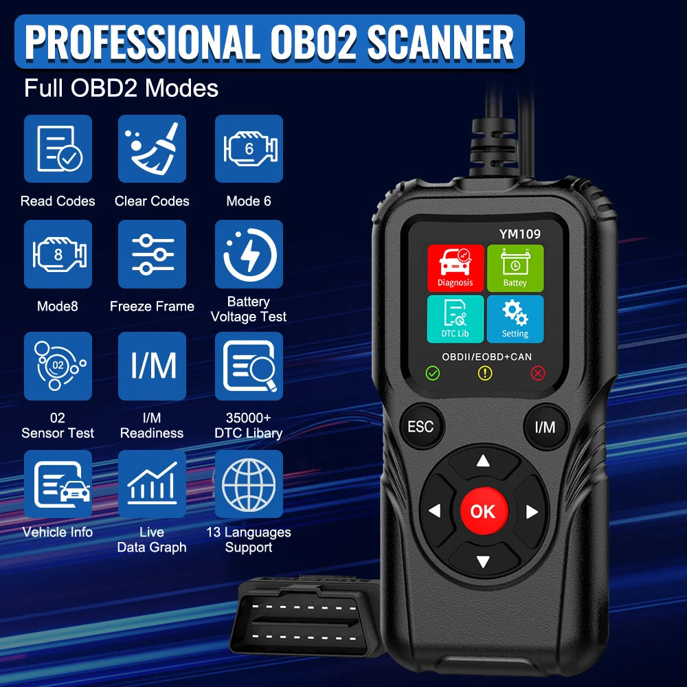 Fault Code Clear Check Engine System Car Diagnostic Tools OBD II EOBD Scanner Car OBD2 Code Reader Battery Tester YM109