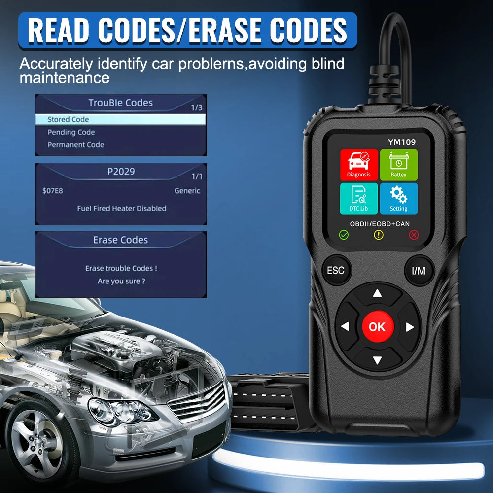 Fault Code Clear Check Engine System Car Diagnostic Tools OBD II EOBD Scanner Car OBD2 Code Reader Battery Tester YM109