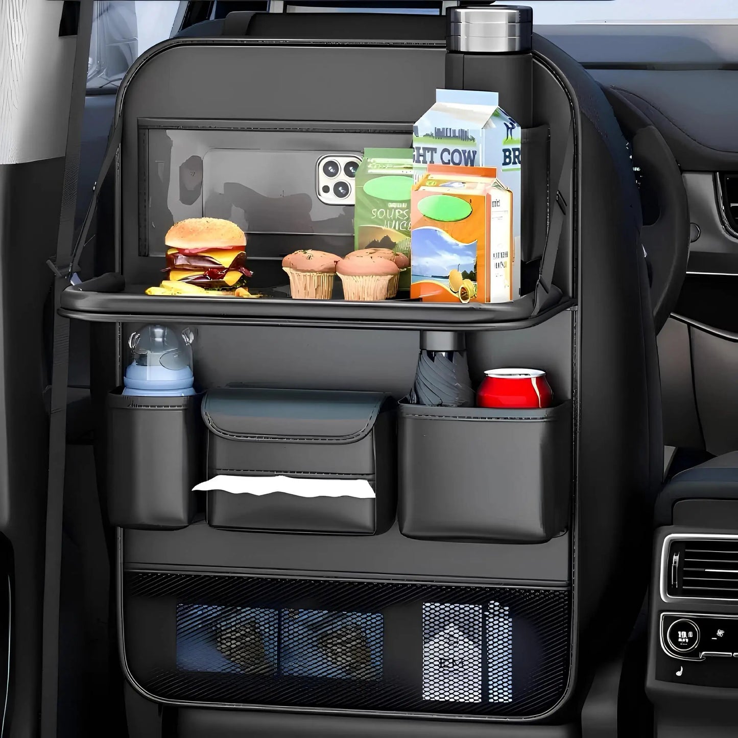 Car Seat Back Organizer Auto Back Seat Storage Bag with Foldable Table Tray Tablet Holder Tissue Box Multi Pocket Organizer Bag